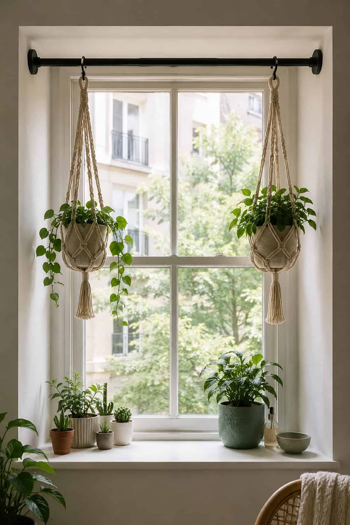 Macramé Hangers On A Window Tension Rod