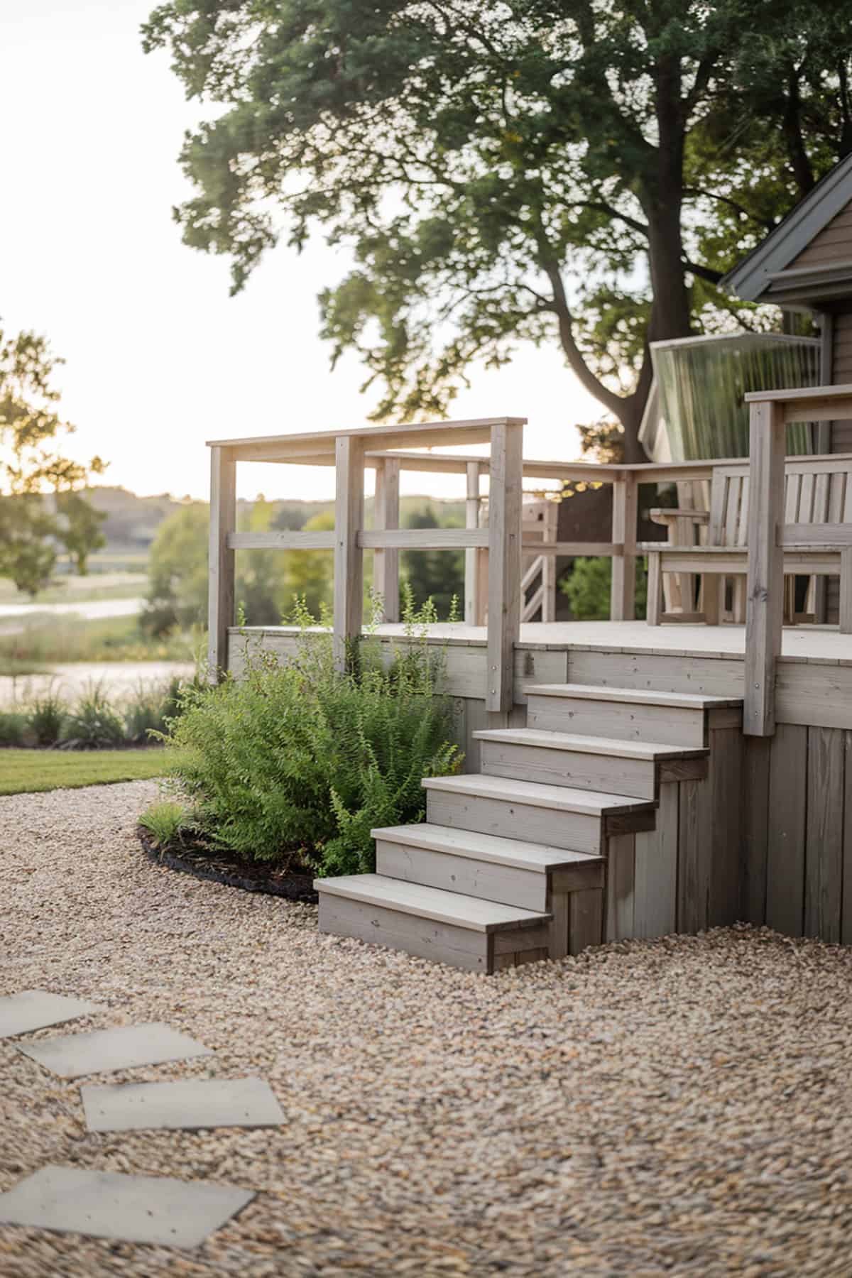 Gravel Patio with Wooden Steps