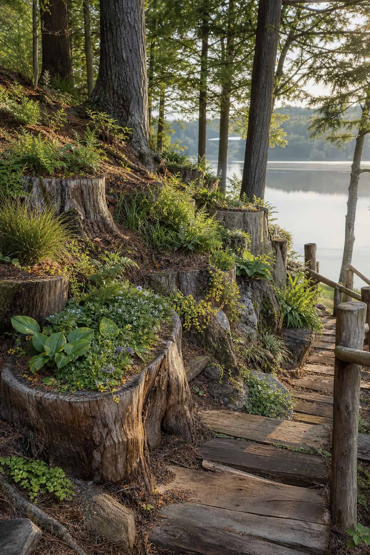 Tree Stumps As Natural Planters On A Woodland Slope