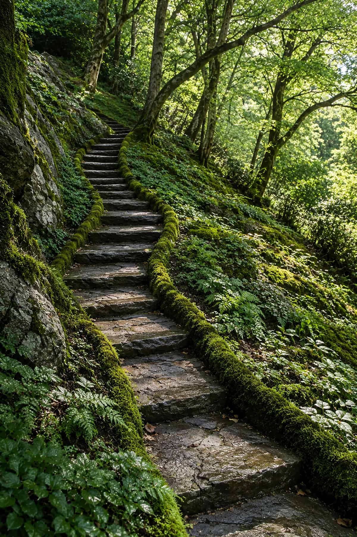 Winding Stone Steps Through A Woodland Hillside