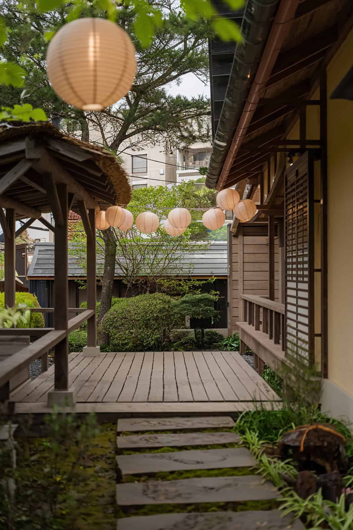 Zen Patio with Hanging Lanterns