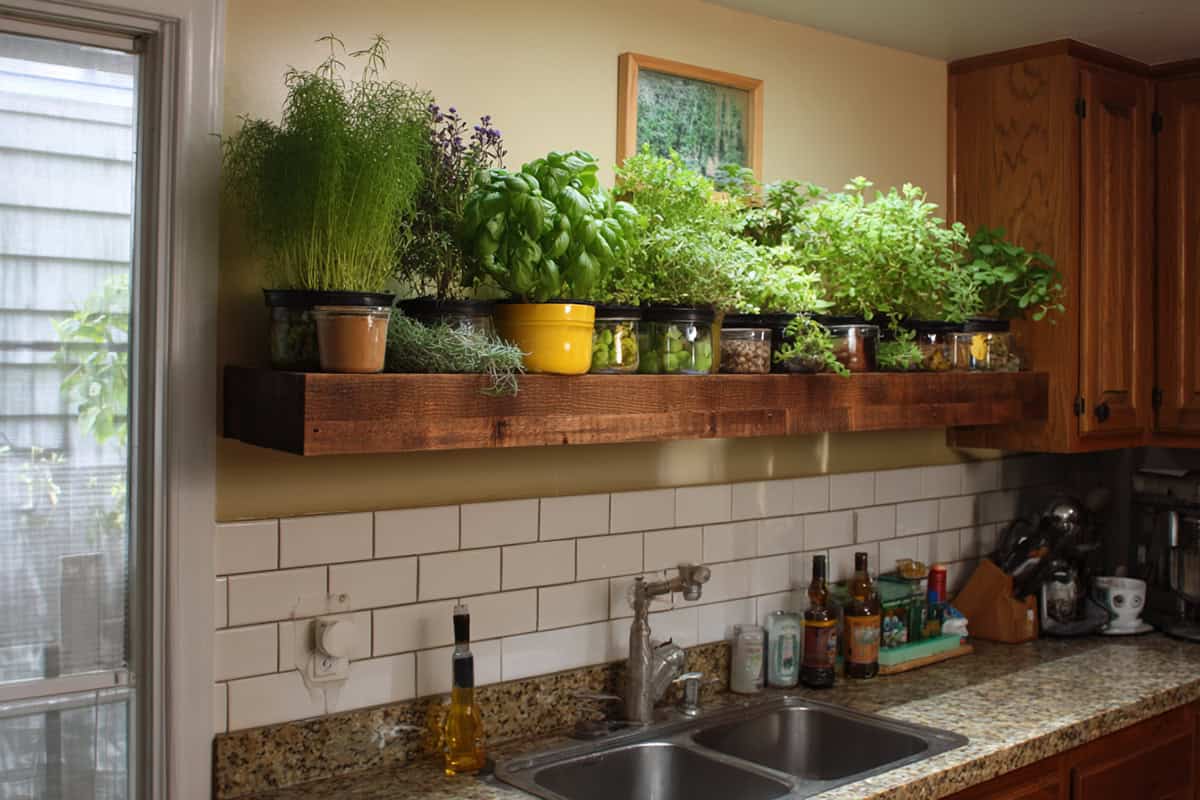 Floating Shelf Herb Garden Above a Sink