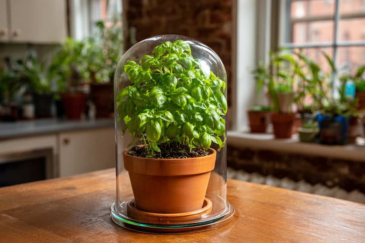 Glass Cloche Over a Potted Basil Plant