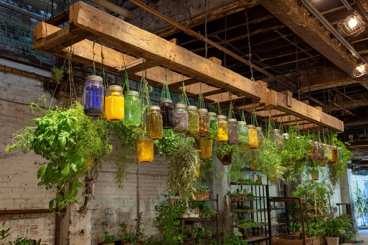 Hanging Ladder From Ceiling With Herbs in Jars