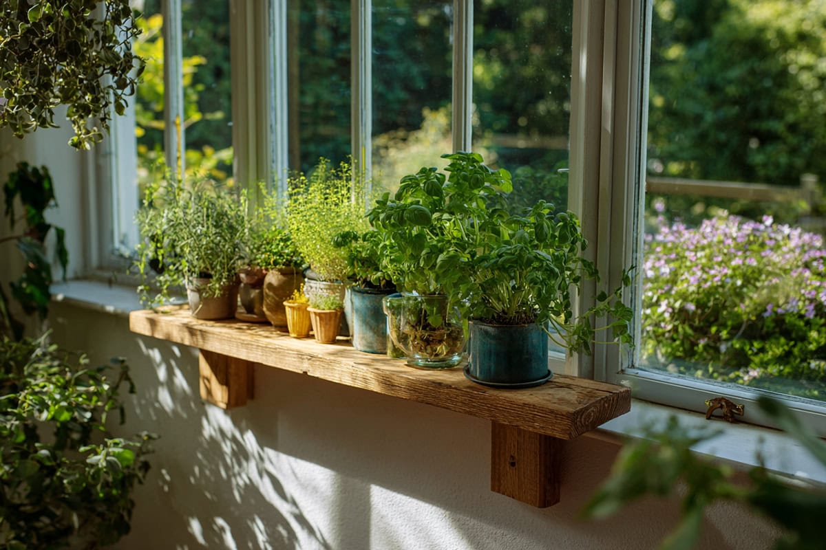 Hanging Wooden Shelf in Front of a Window With Herbs