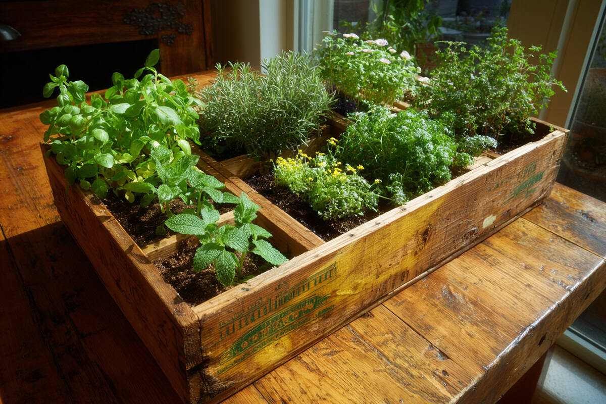 Herb Garden in a Repurposed Wine Box or Drawer