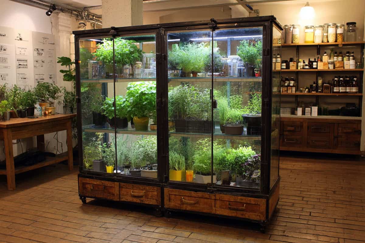 Indoor Greenhouse Cabinet With Glass Doors and Herbs
