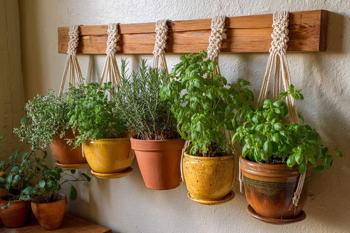 Macrame Plant Hanger With Herbs in Clay Pots