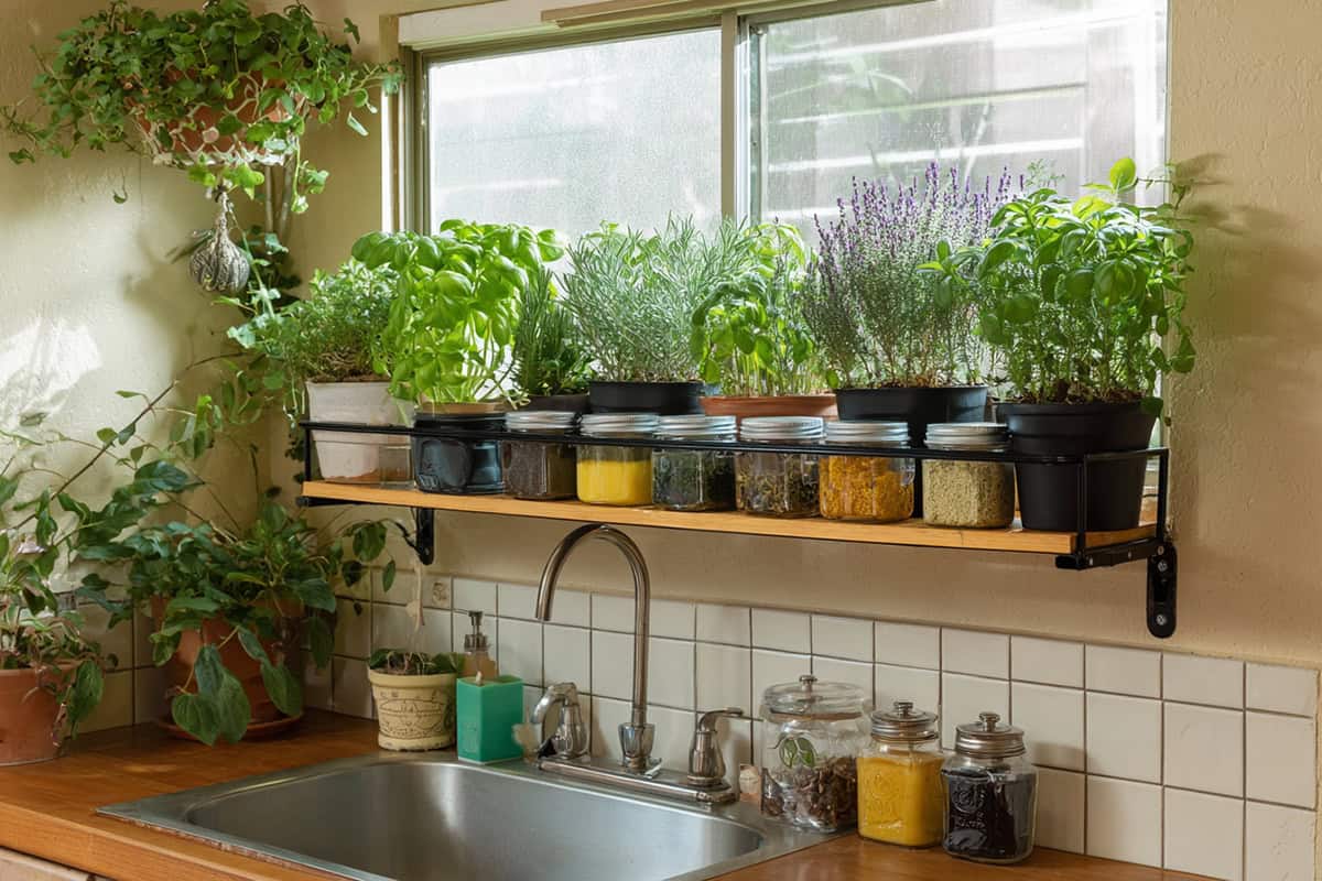 Over the Sink Extendable Shelf With Herb Planters