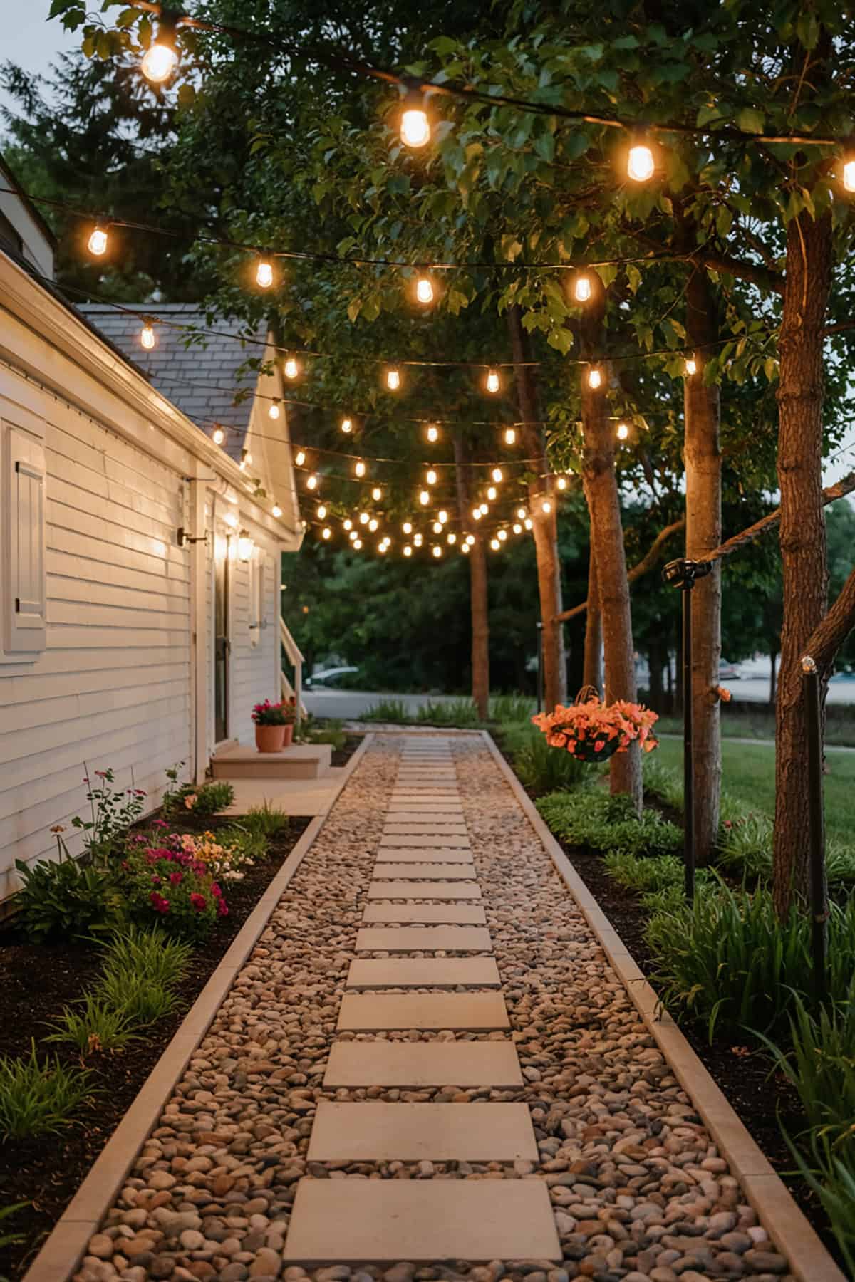 Pathway Under String Lights