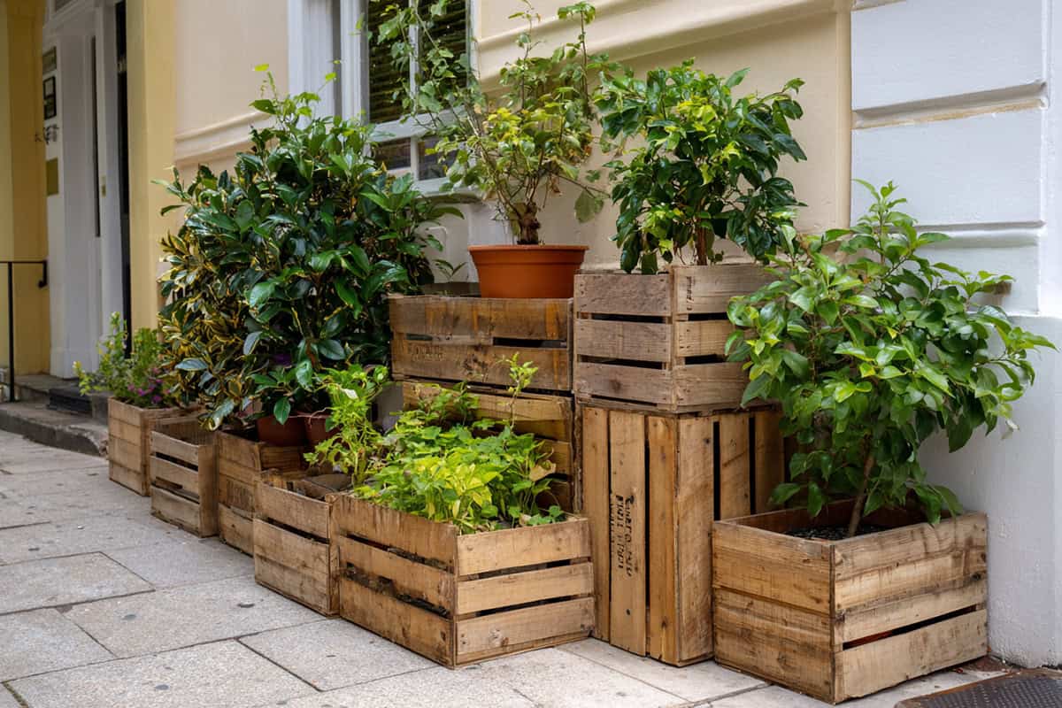 Wooden Crate Planters Stacked Against a Wall