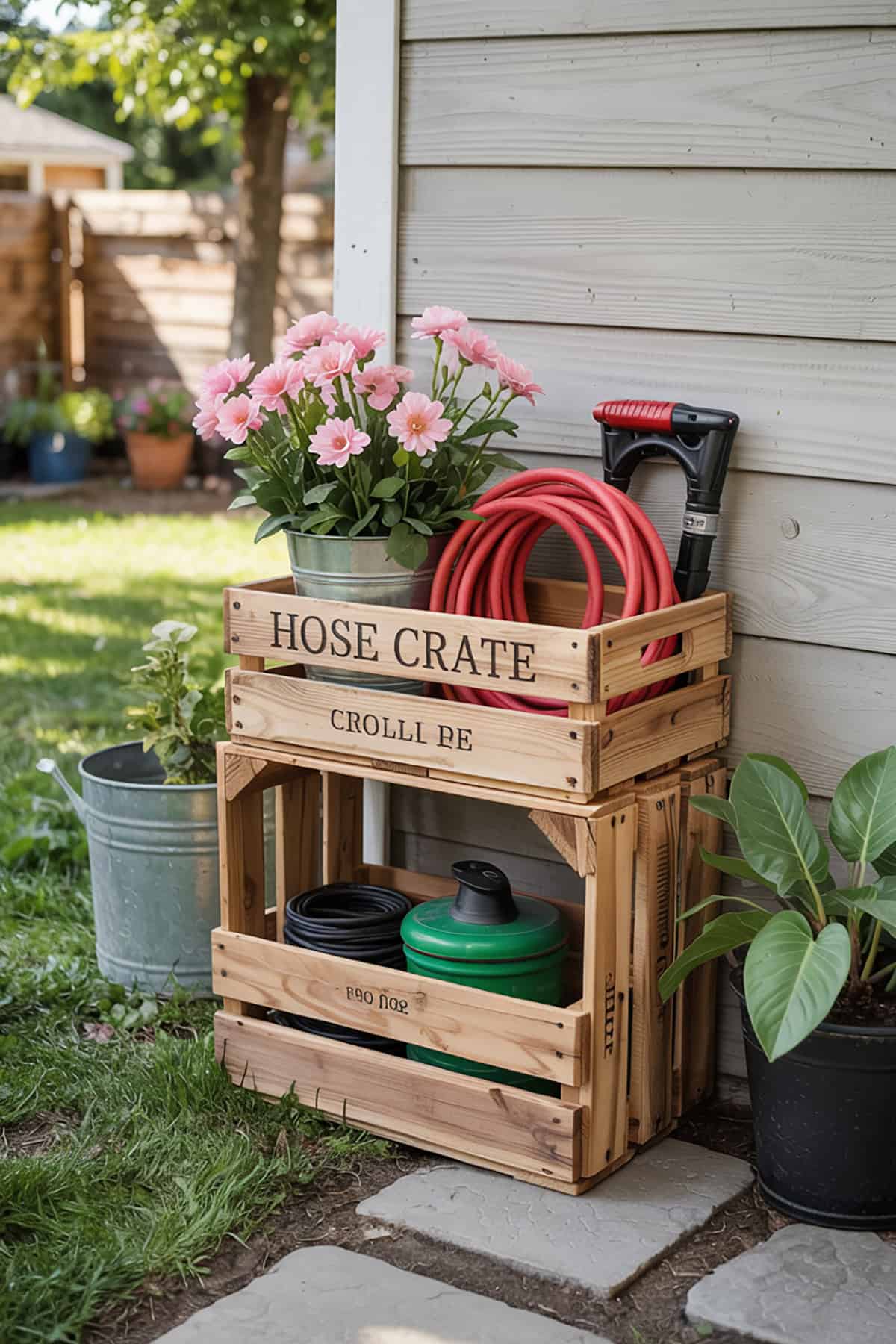 Hose Storage Made from a Wooden Crate