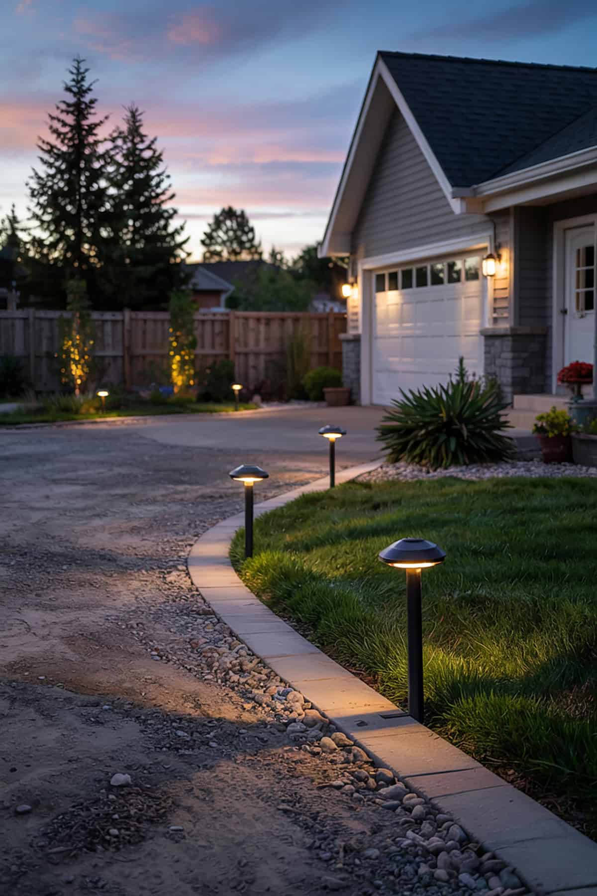 Solar Lights Lining a Driveway