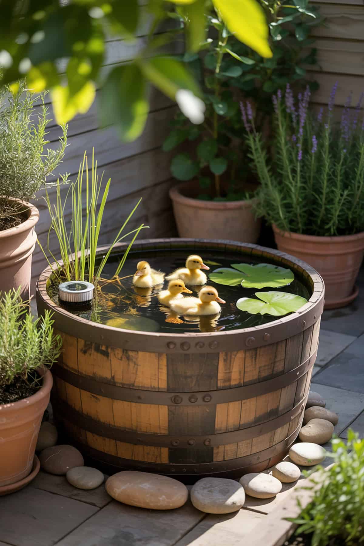 Duck Pond in a Half Wine Barrel