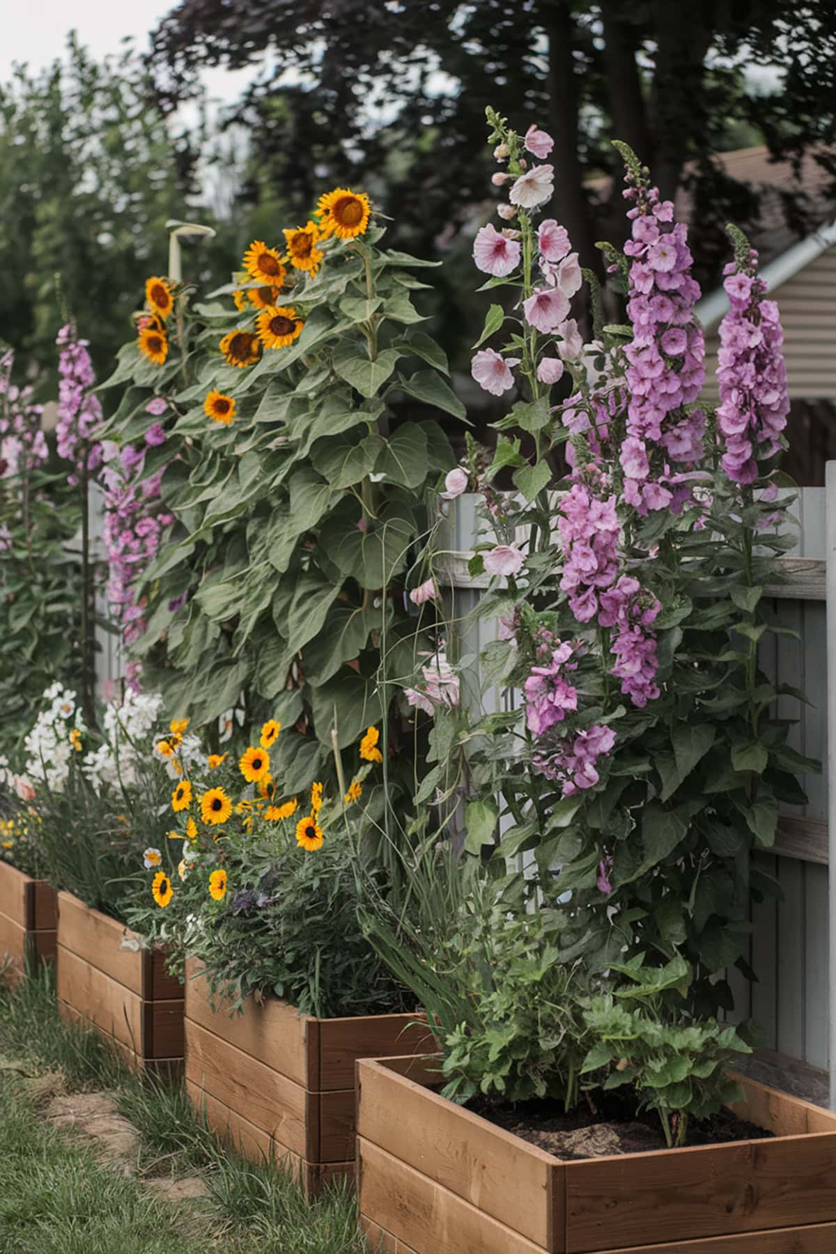 Raised Planter Beds With Tall Flowers
