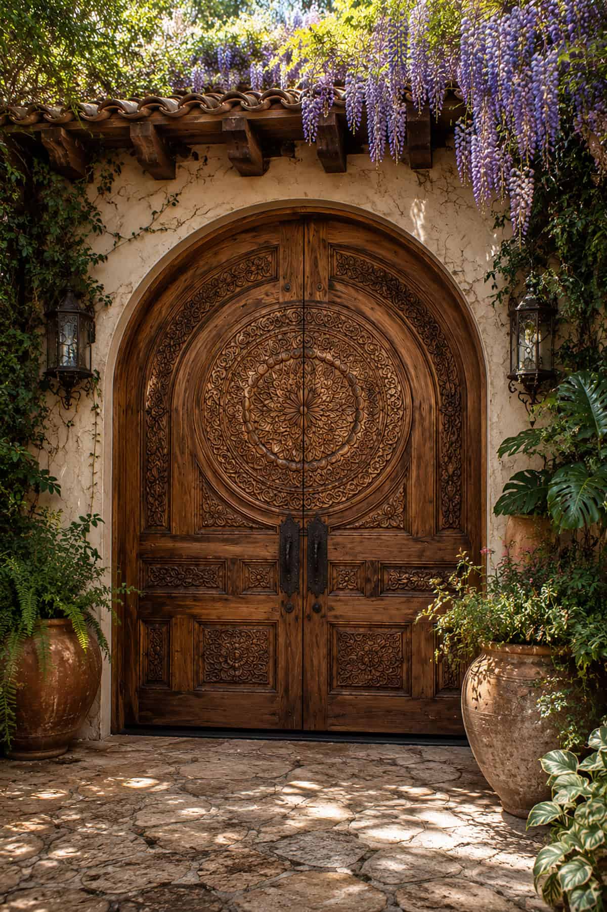 Arched Wooden Gate With Carved Mandala