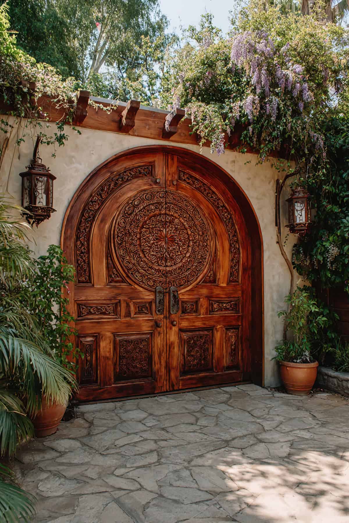 Arched Wooden Gate with Carved Mandala