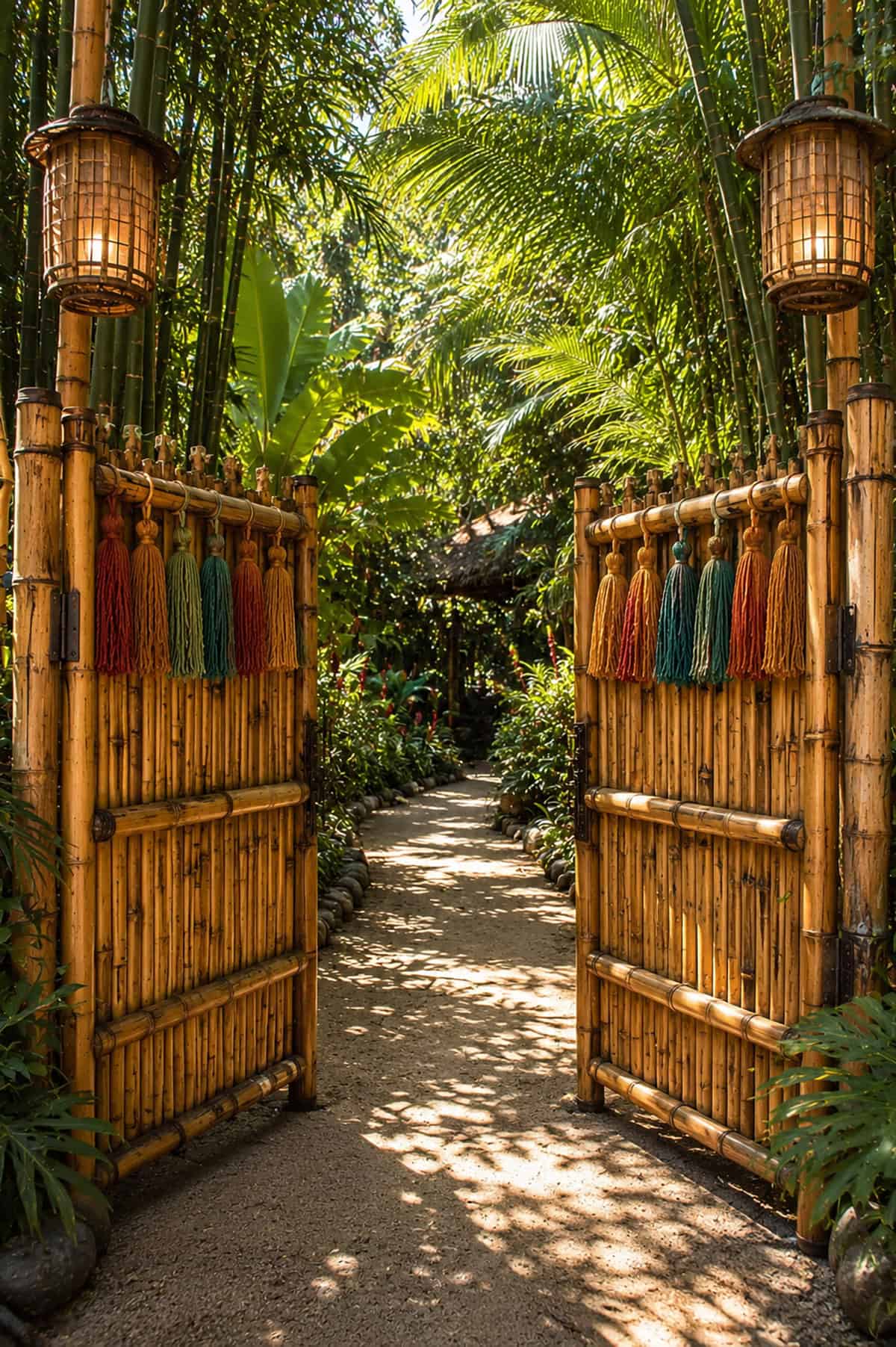 Bamboo Gate With Fabric Tassels