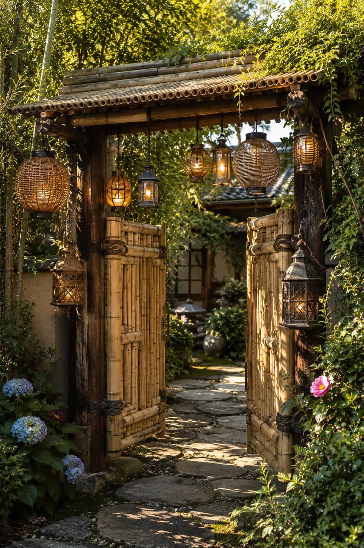 Bamboo Gate With Hanging Lanterns