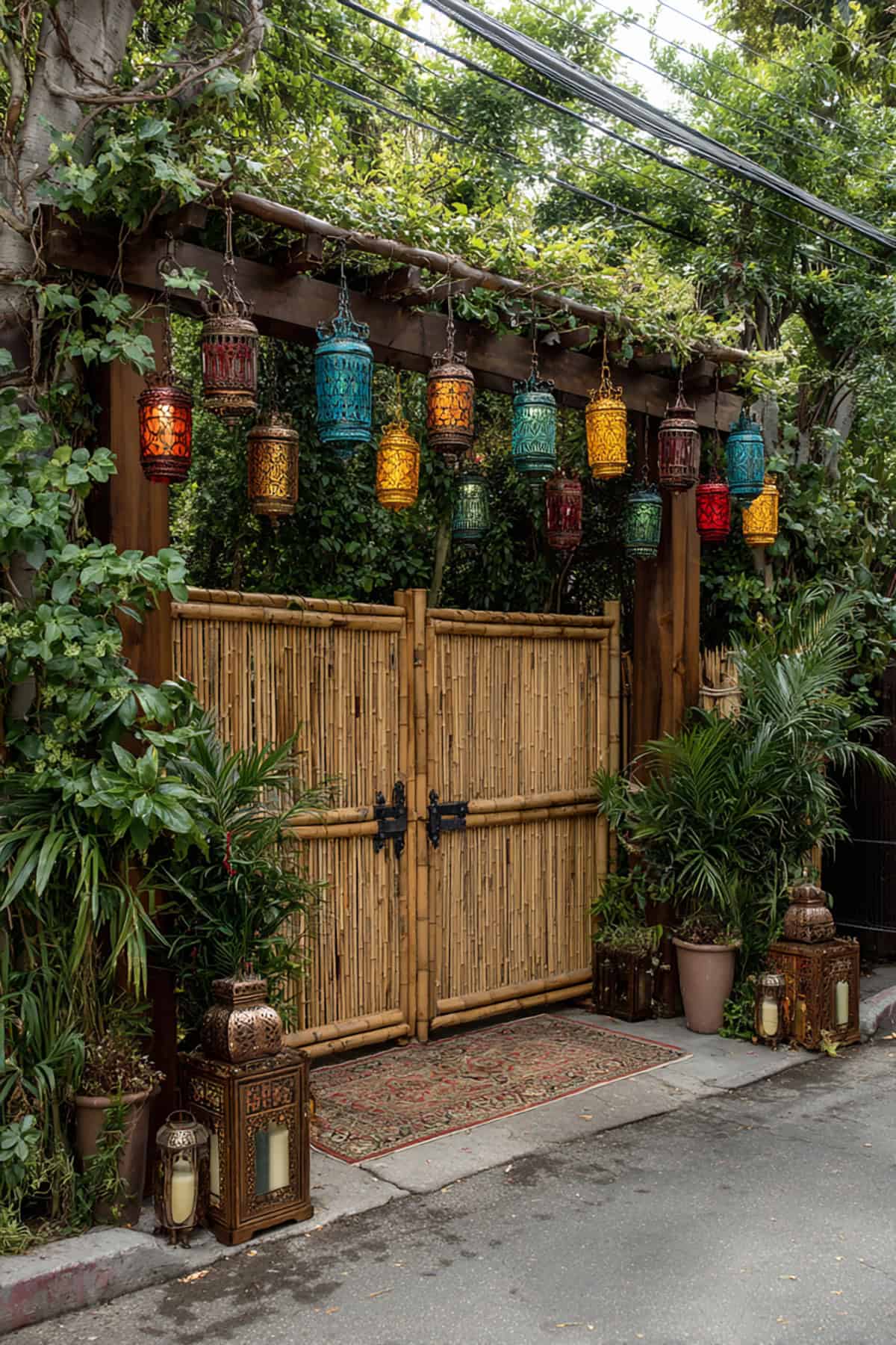 Bamboo Gate with Hanging Lanterns