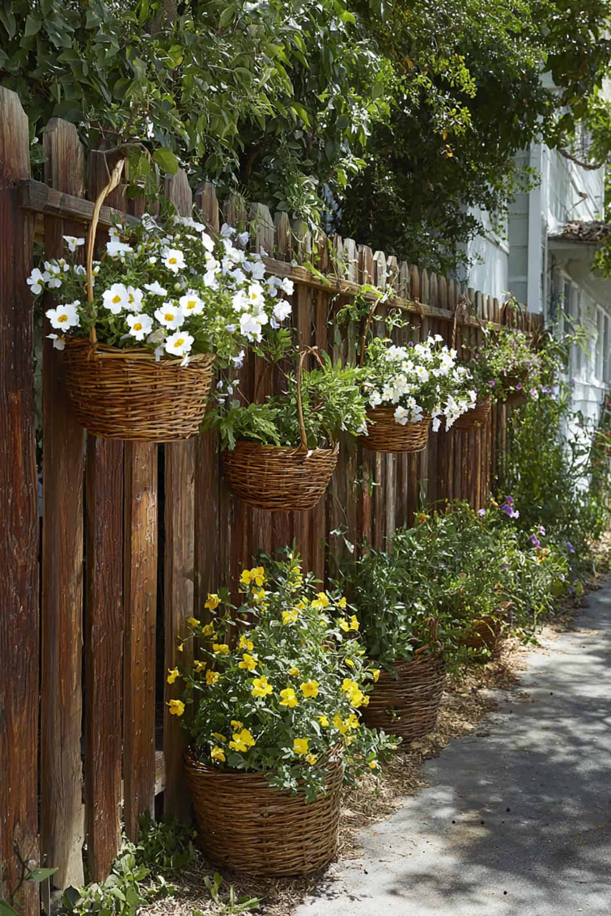 Fence with Hanging Rattan Baskets