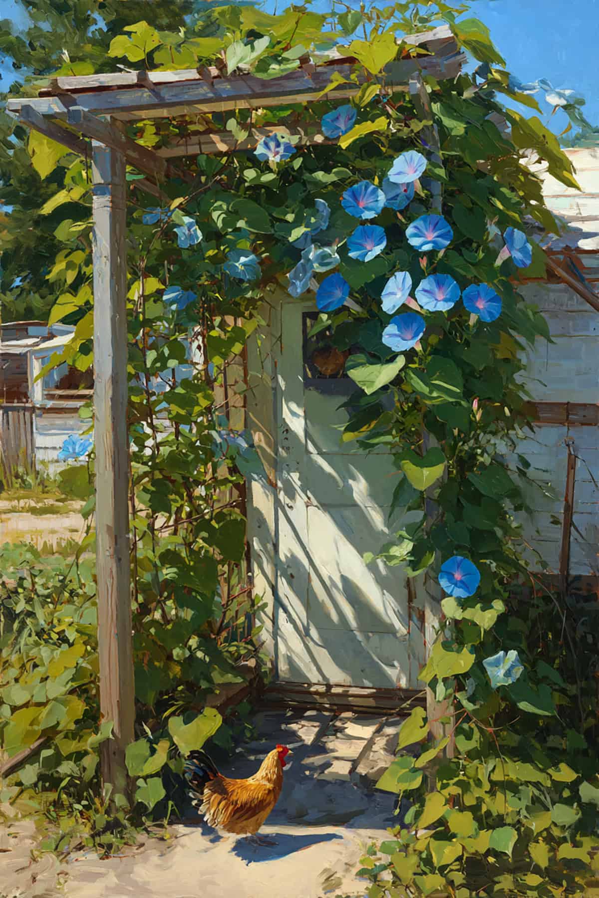Morning glory vines climbing a trellis