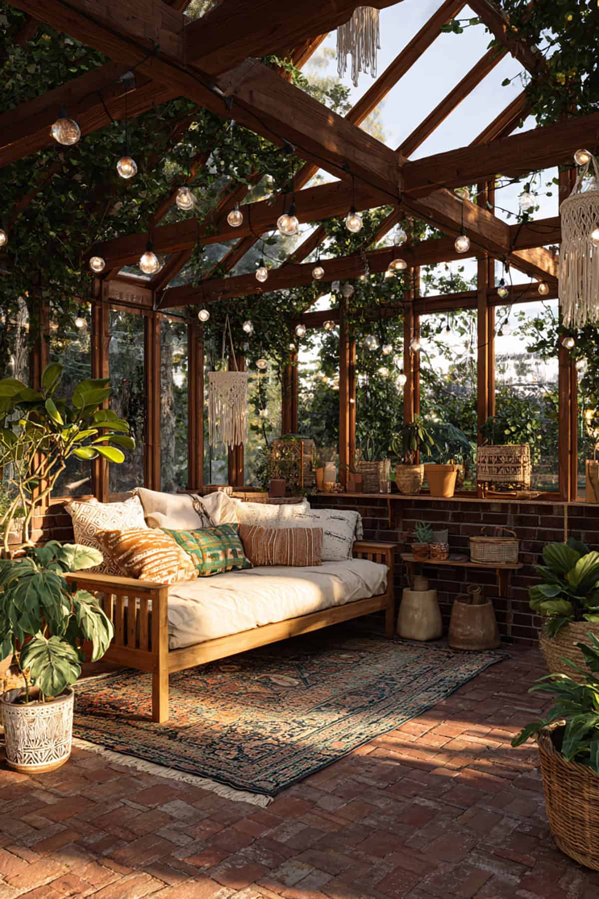 Boho Greenhouse Lounge With Macrame and Warm Wood Tones