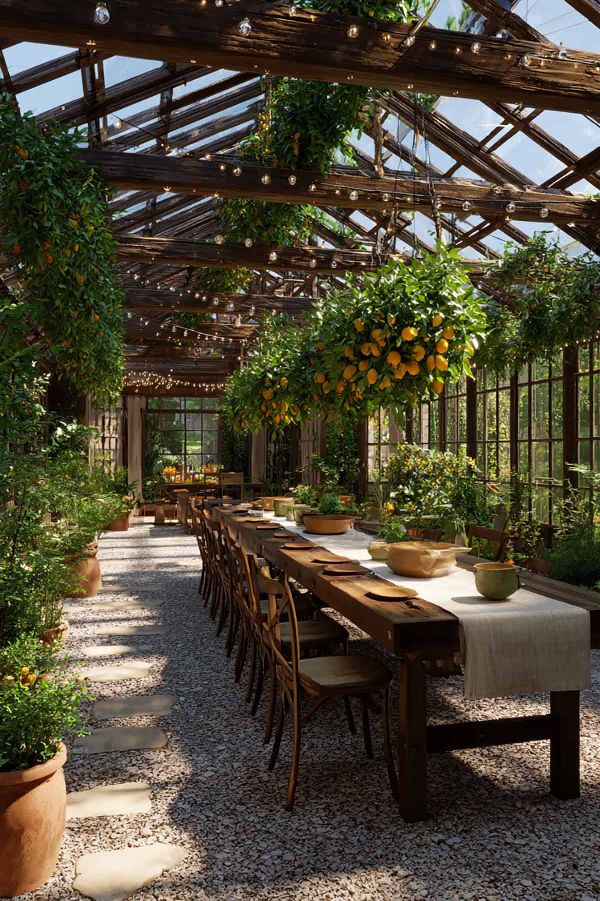 Café Style Greenhouse Dining Table Under Hanging Herbs