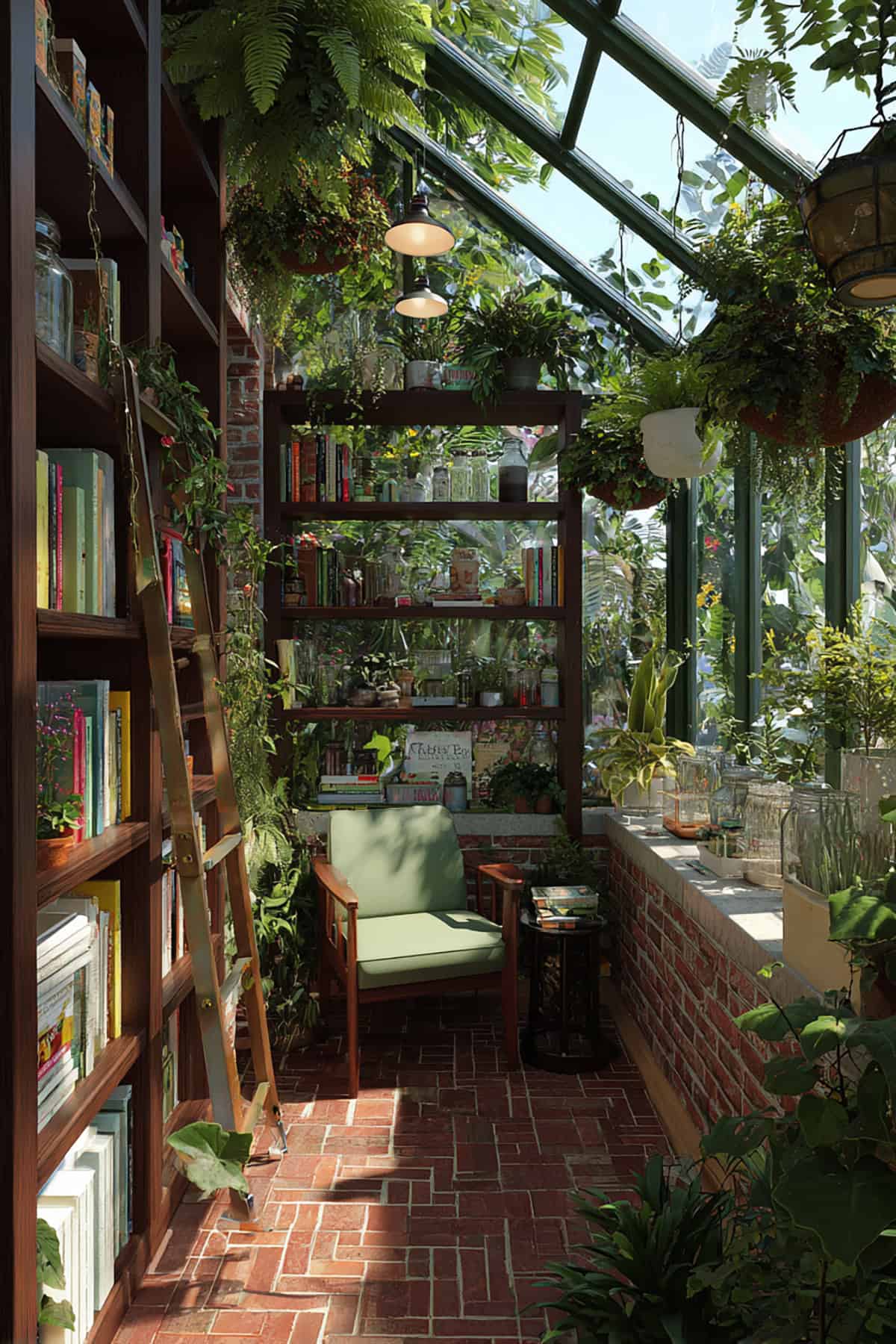 Greenhouse Library Corner With Built In Shelves and Plant Ladder