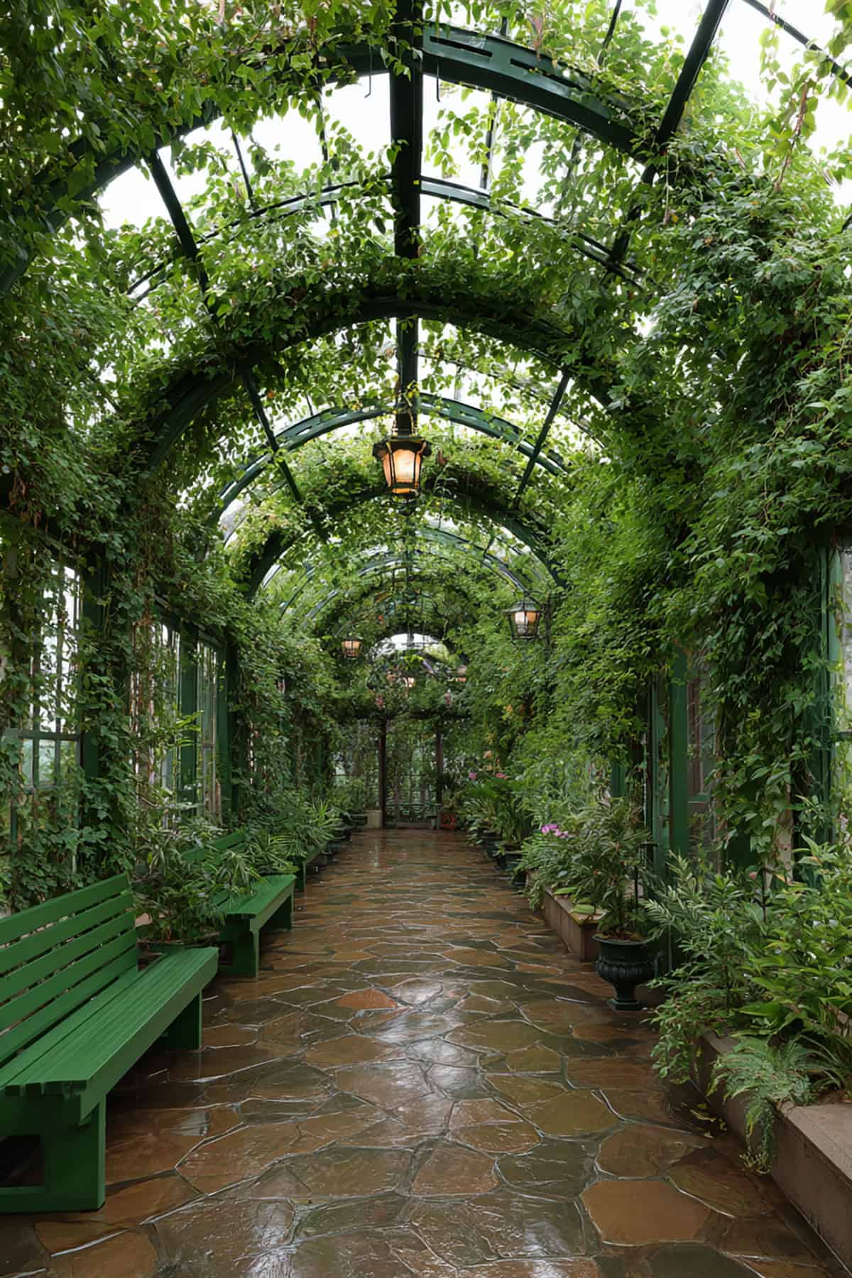 Greenhouse With Arched Trellis Ceiling and Climbing Vines Inside