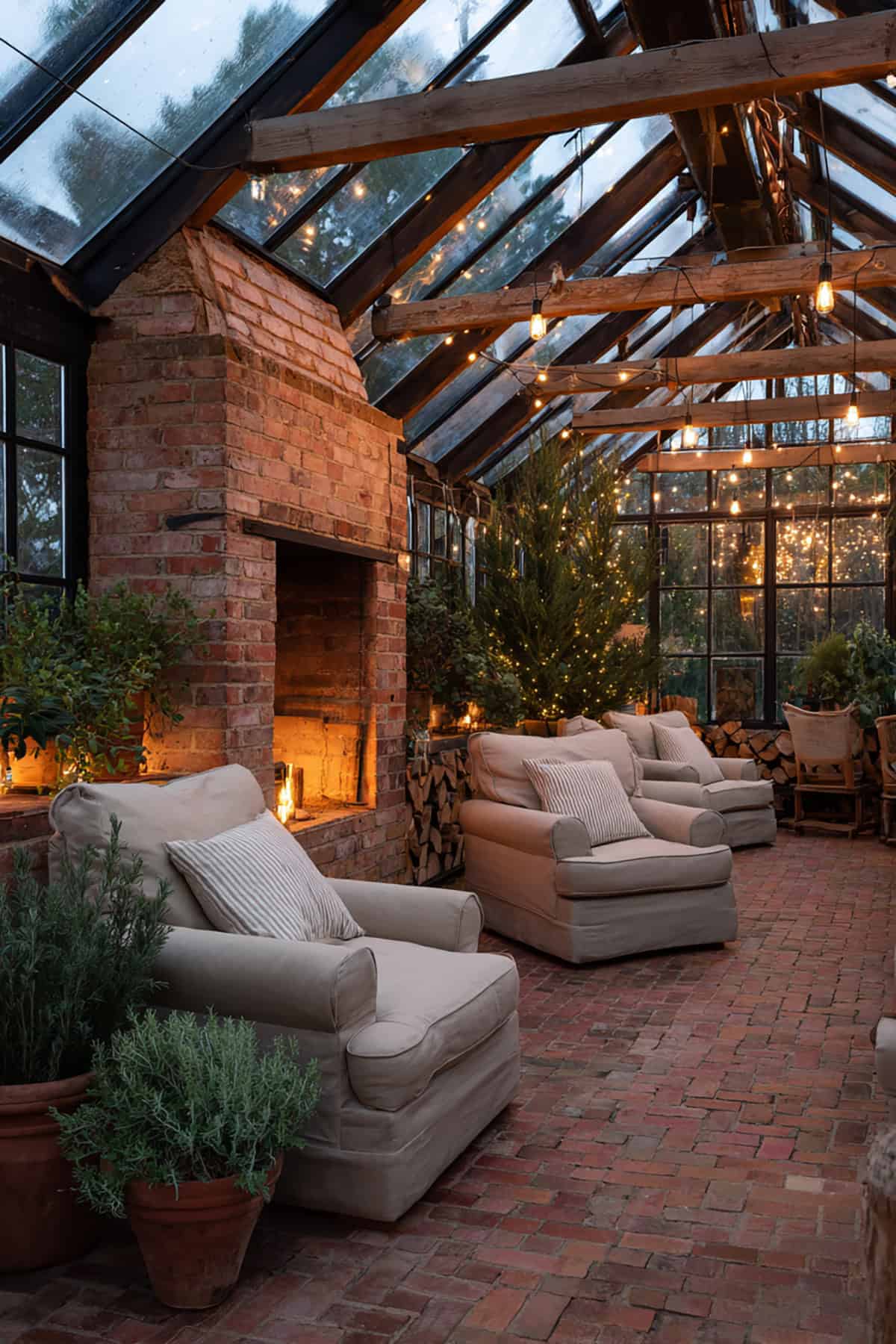 Greenhouse With Brick Fireplace Feature Wall and Winter Seating