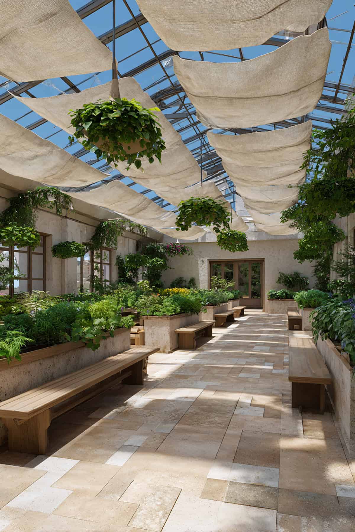 Greenhouse With Hanging Shade Cloth and Soft Diffused Glow