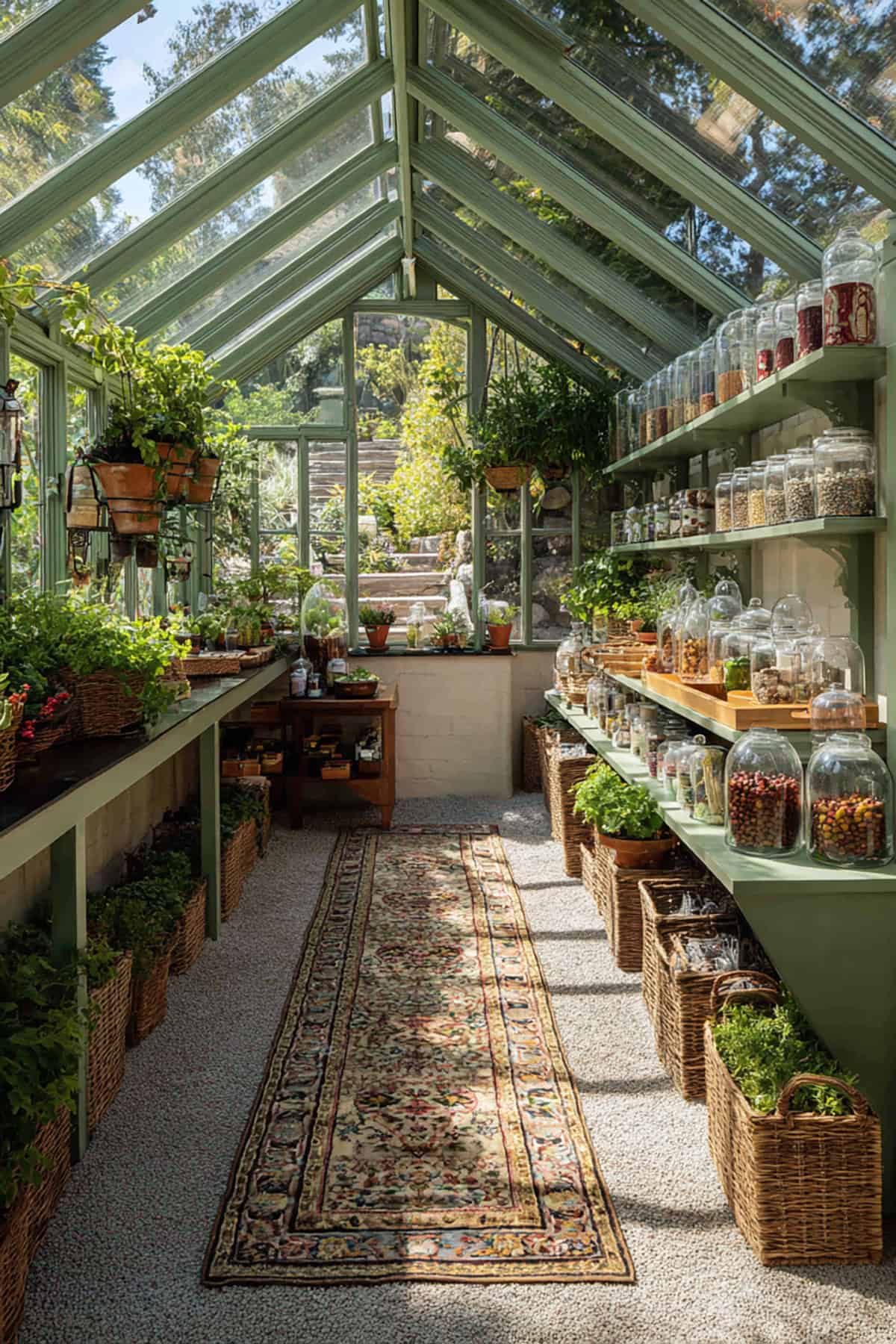 Greenhouse With Patterned Runner and Styled Shelf Vignettes