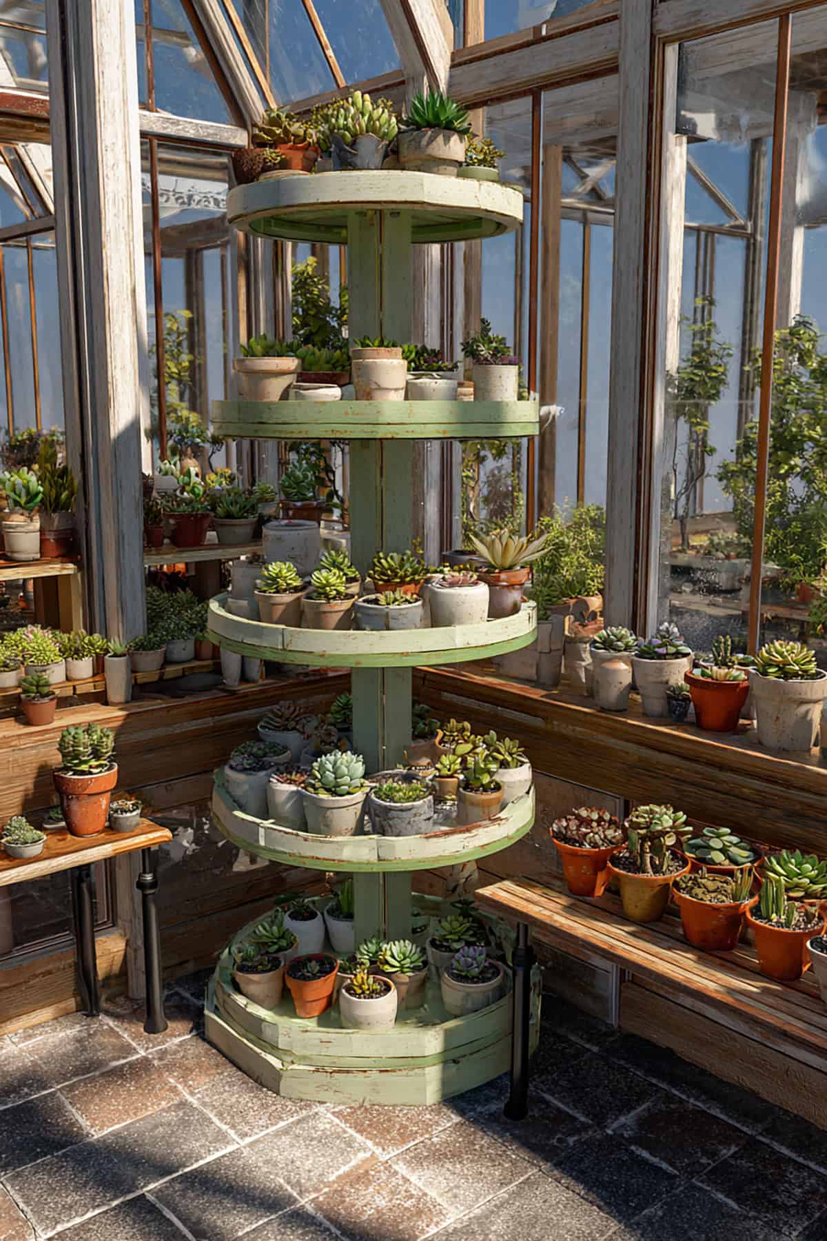 Greenhouse With Tiered Corner Shelves for a Plant Spiral Display