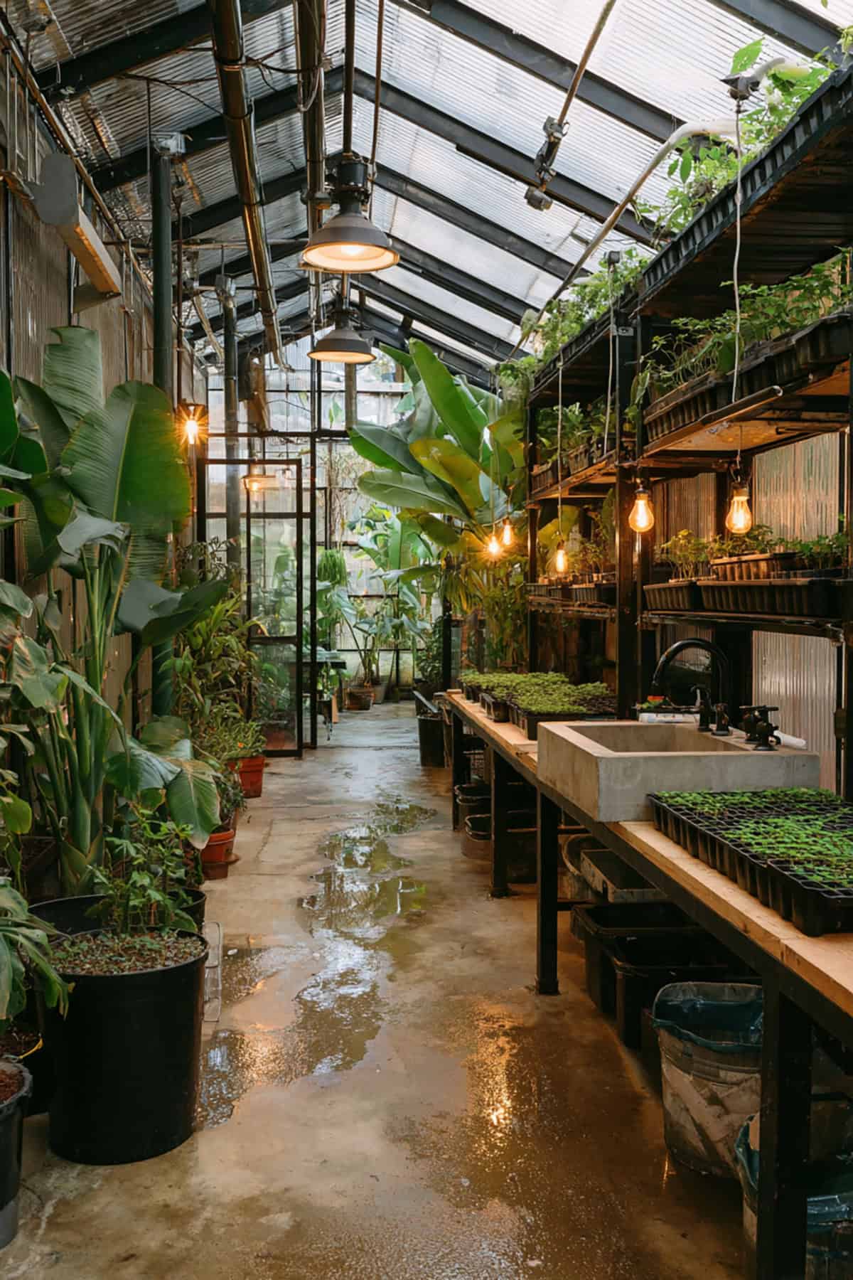 Industrial Greenhouse With Steel Shelving and Concrete Sink