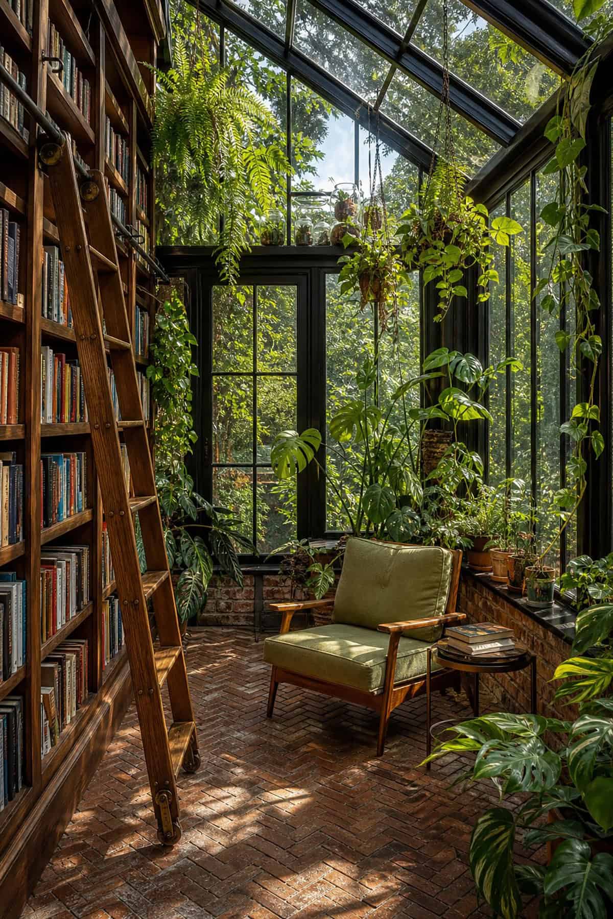 Library Corner With Built In Shelves And Plant Ladder