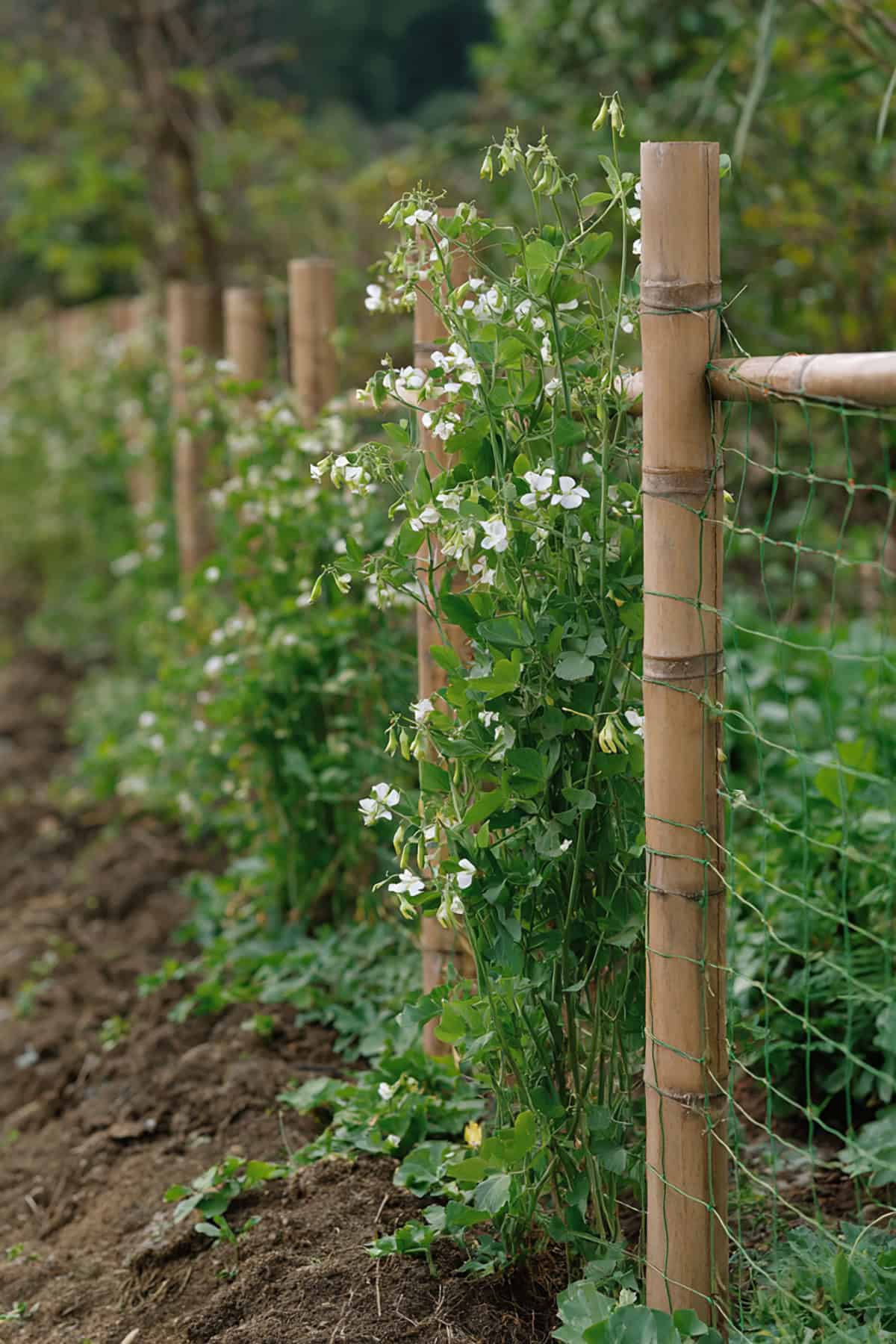 Pea Vine Spring Fence with Netting and Wooden Posts