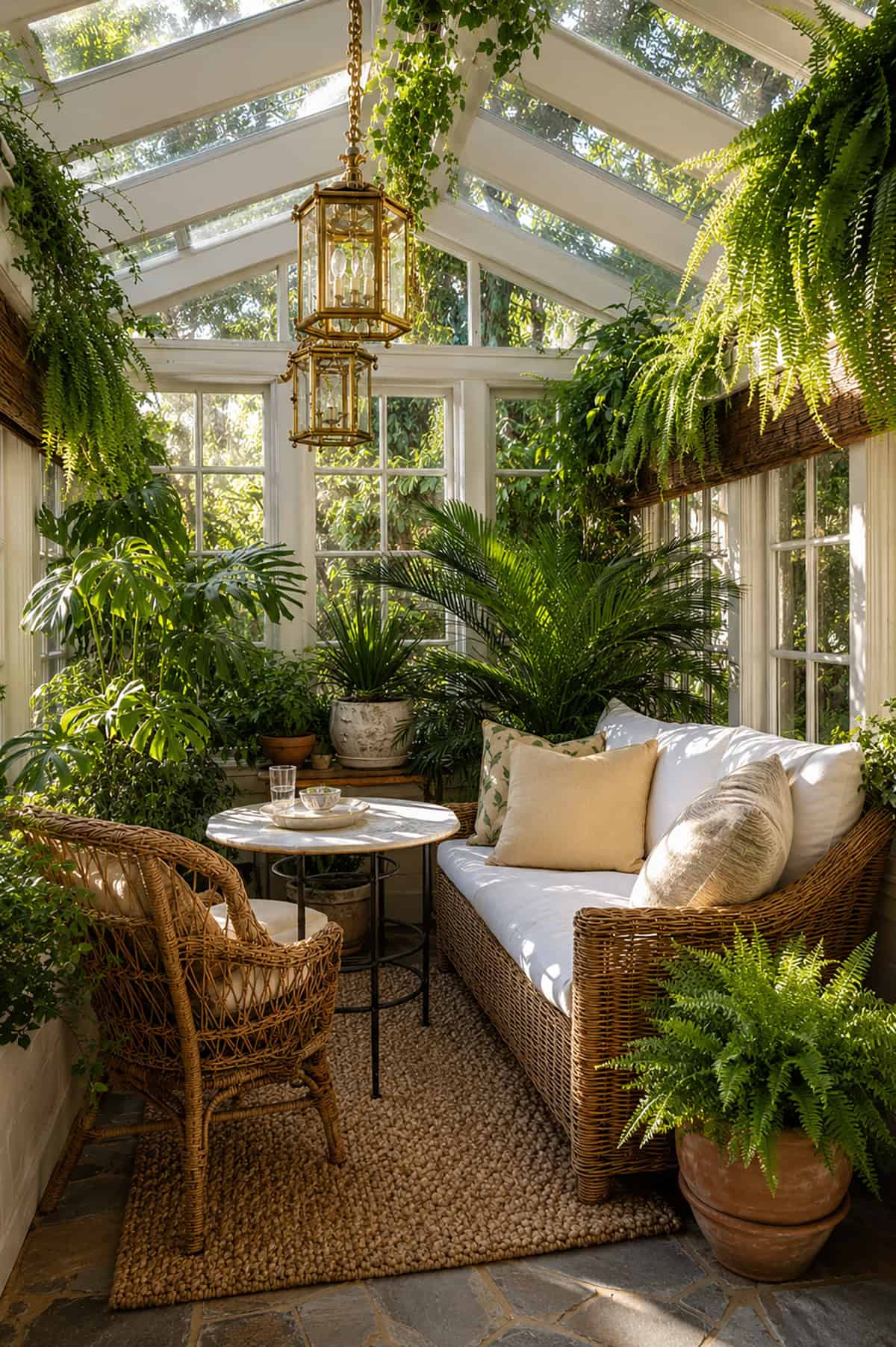 Vintage Conservatory Seating Nook With Wicker And Linens