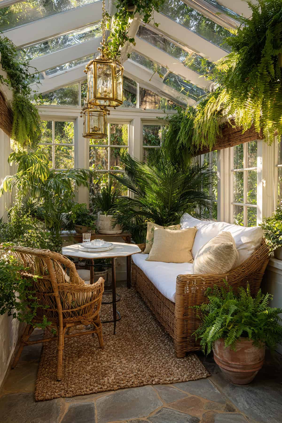 Vintage Conservatory Seating Nook With Wicker and Linens