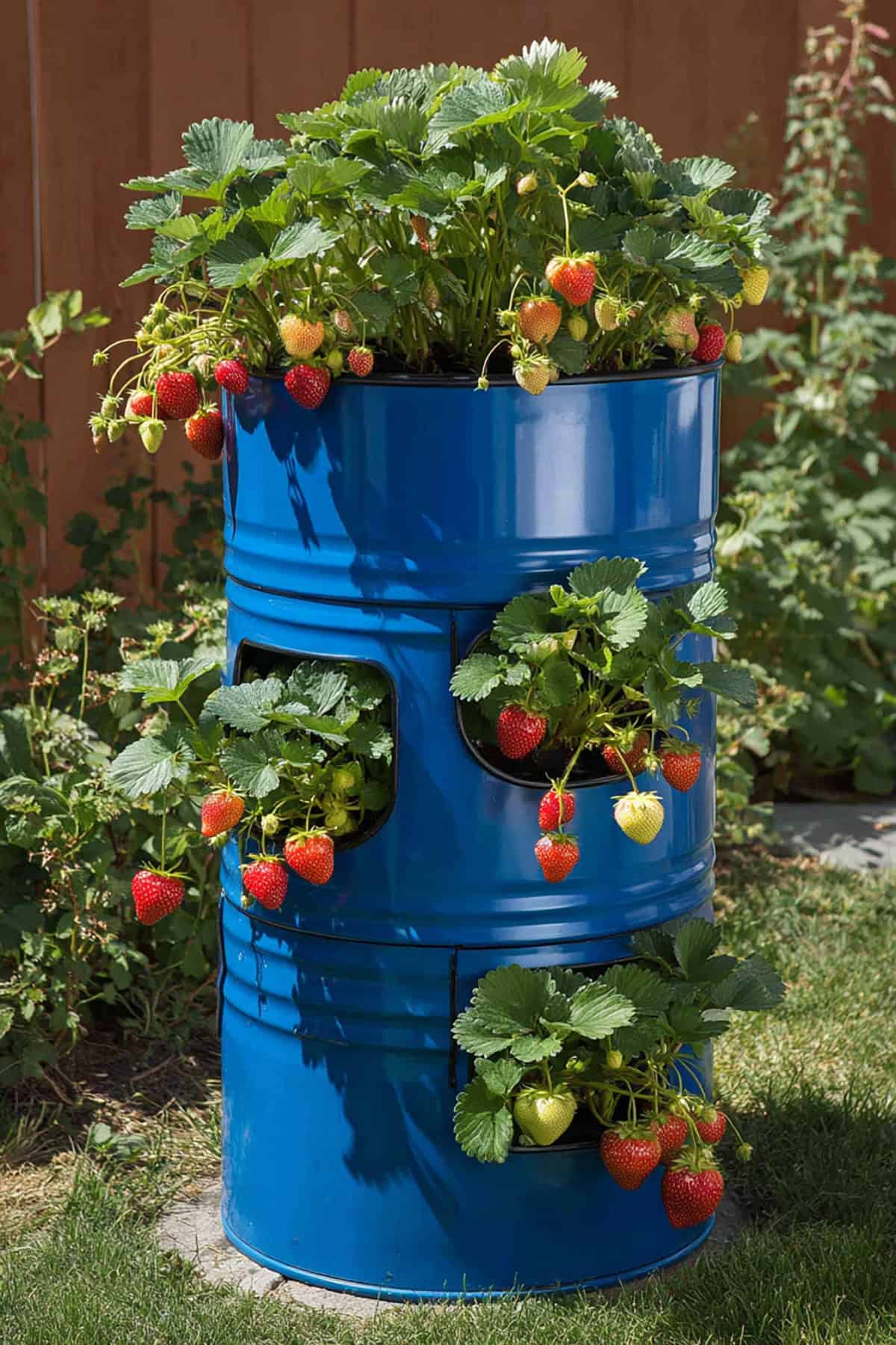 Blue Barrel Vertical Strawberry Planter with Side Pockets