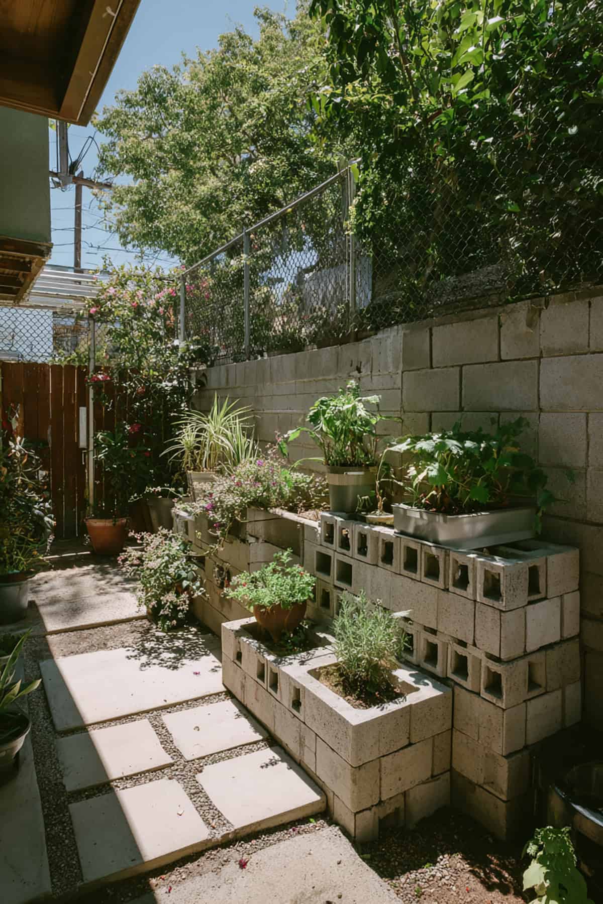 Cinder Block Planter Wall in Narrow Yard