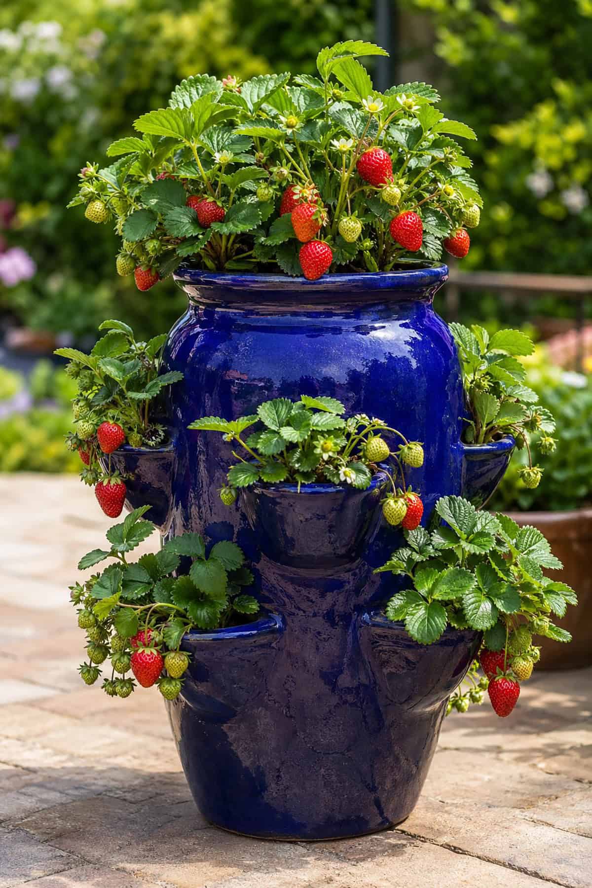 Glossy Blue Ceramic Strawberry Jar Planter