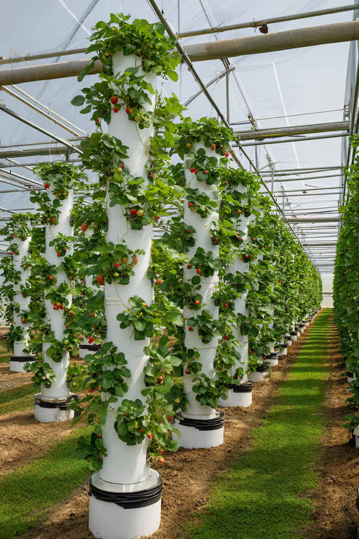 Greenhouse Multi Row Strawberry Tower System.