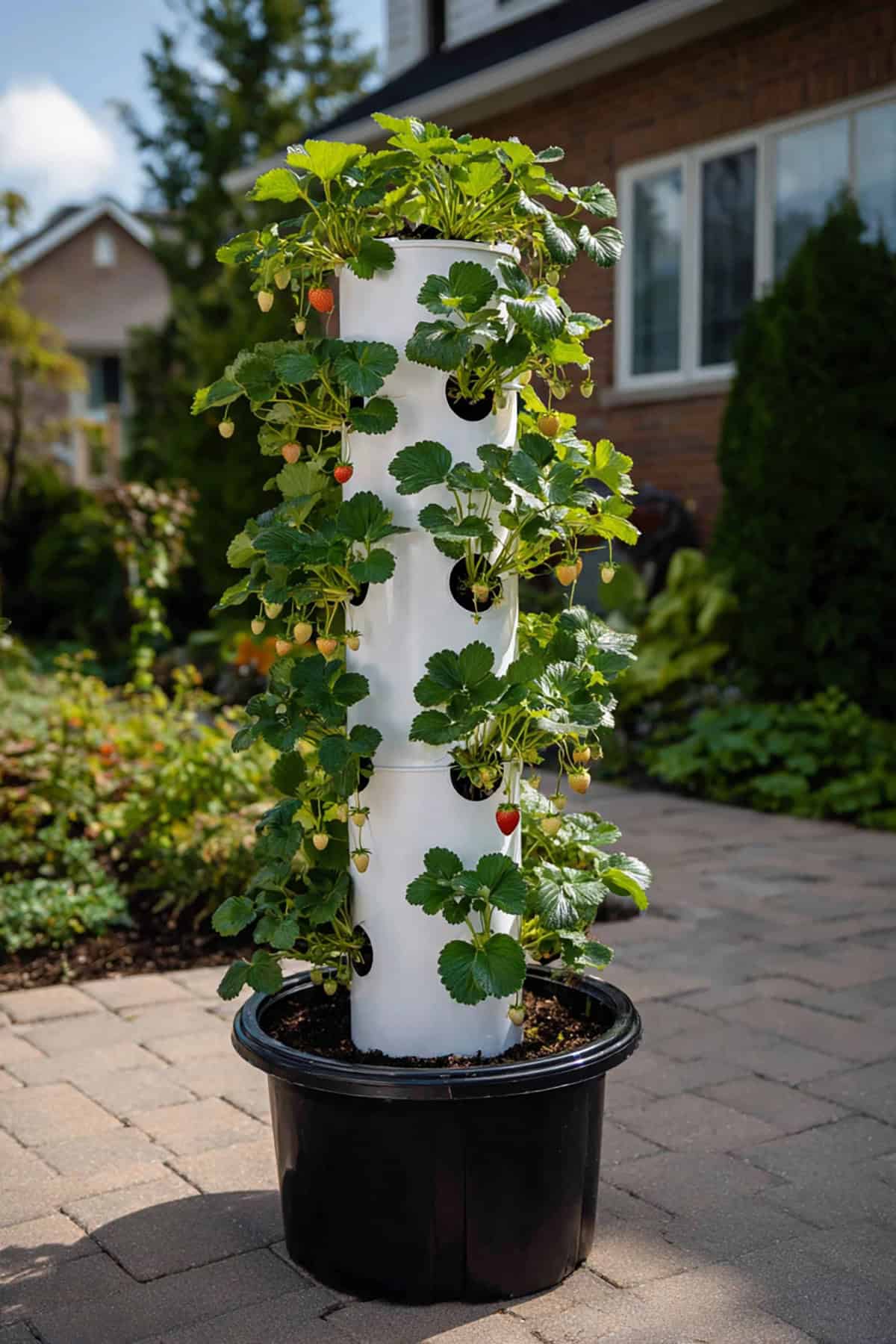 PVC Strawberry Tower Planter in Large Pot