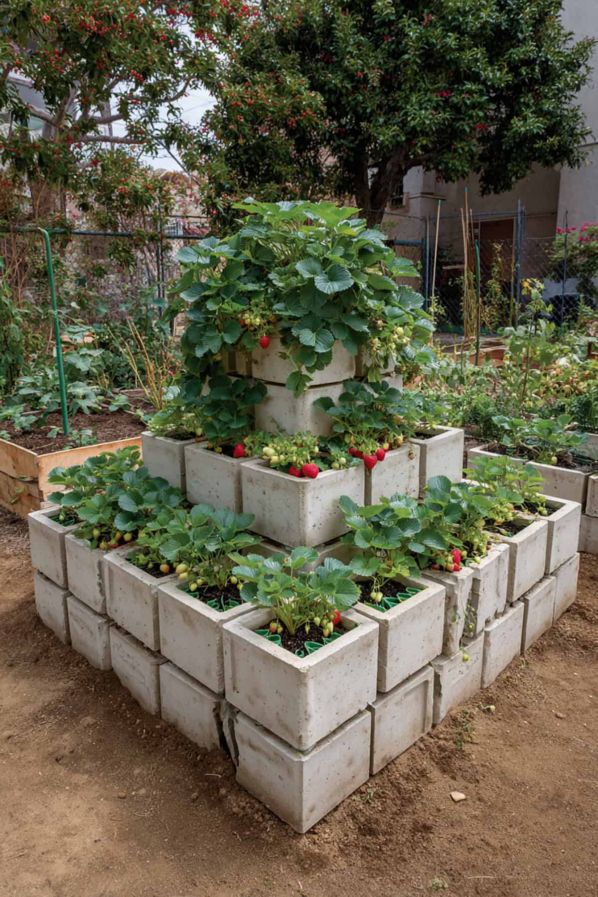 Raised Cinder Block Strawberry Bed with Center Tower