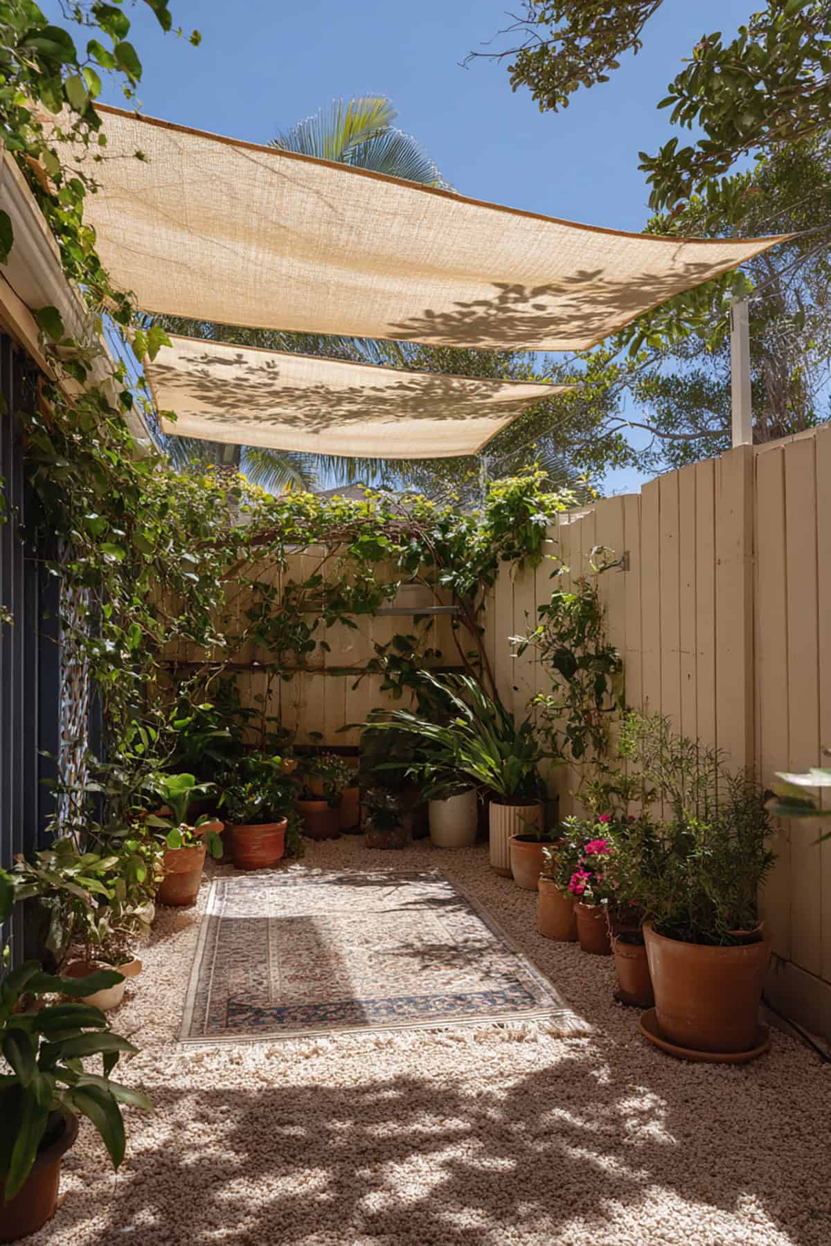 Shade Cloth Retreat With Layered Plants