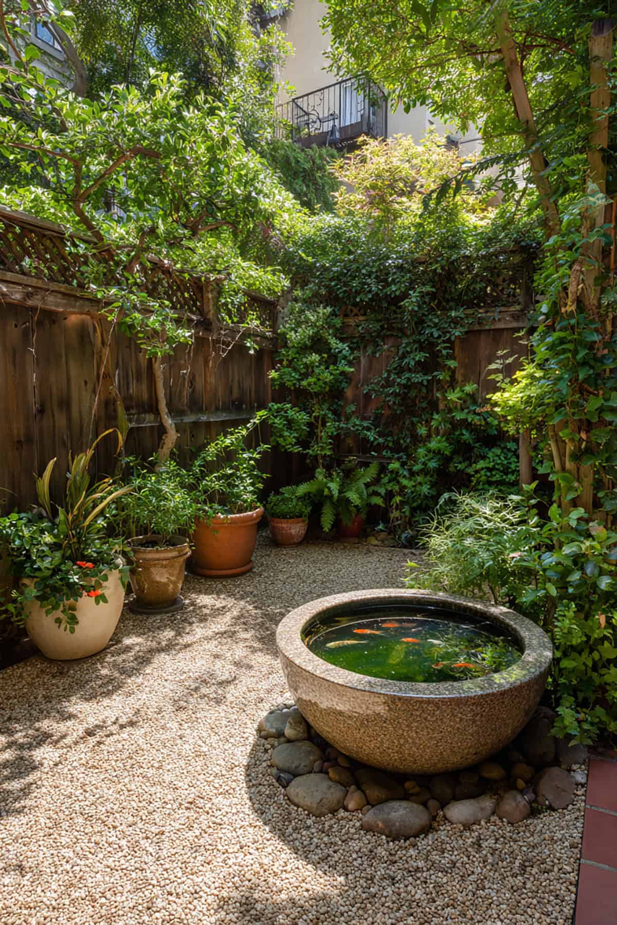 Small Gravel Courtyard With Fish Bowl Water Feature