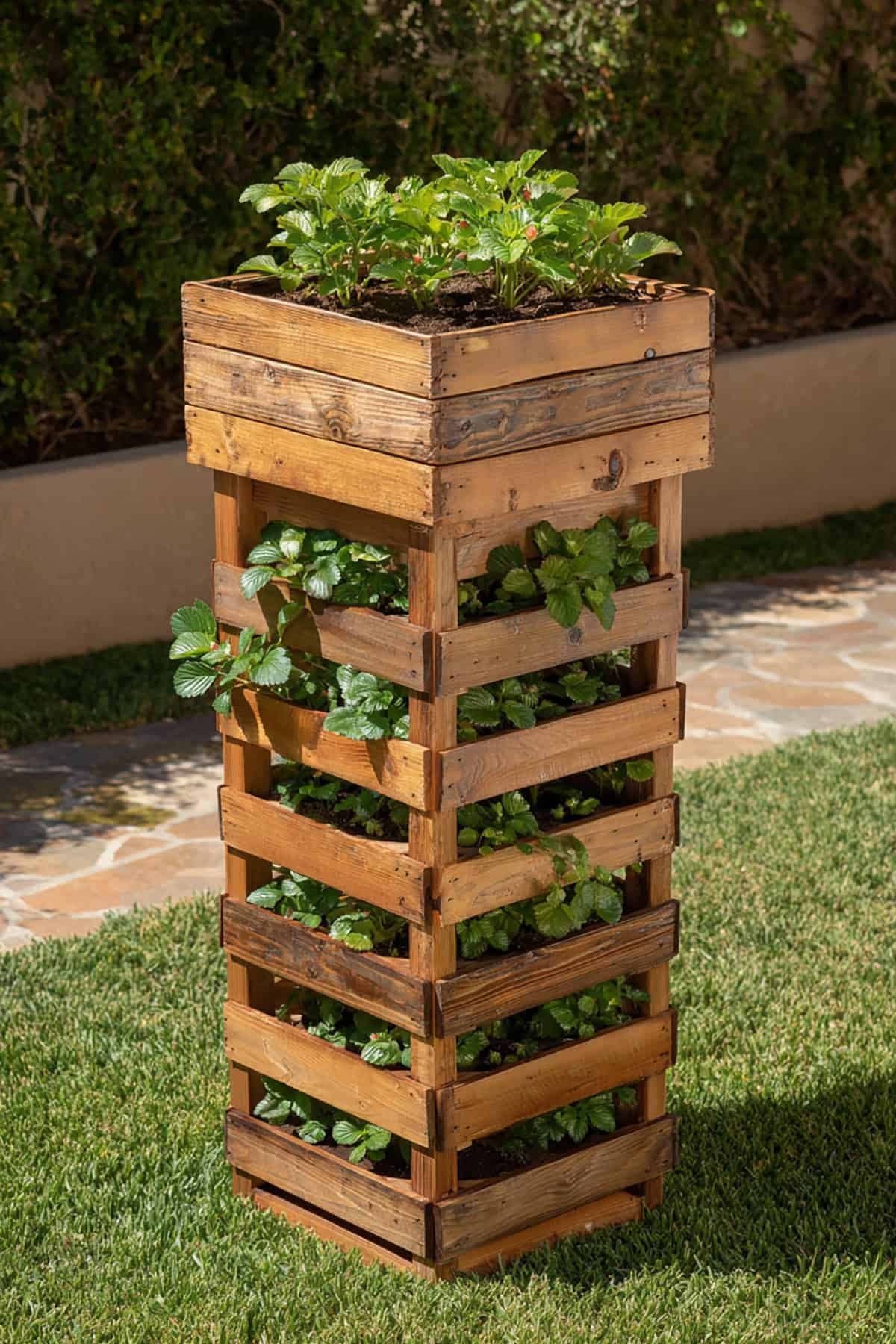 Solid Wood Vertical Strawberry Tower with Built In Top Planter