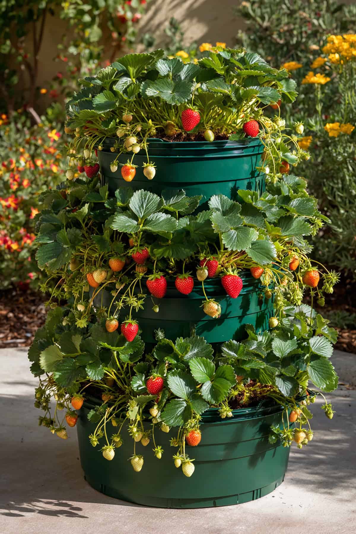 Stacked Round Pot Strawberry Tower with Dense Growth