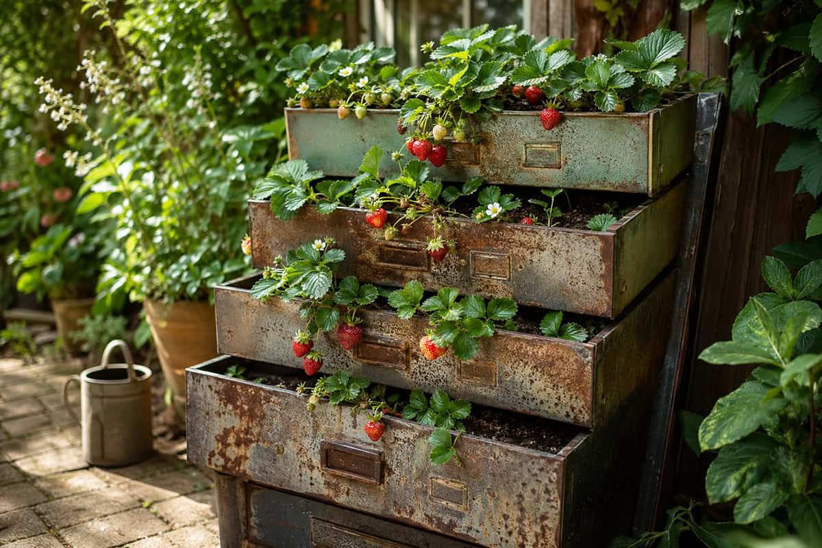 Strawberry Repurposed Metal Drawer Planter Stack